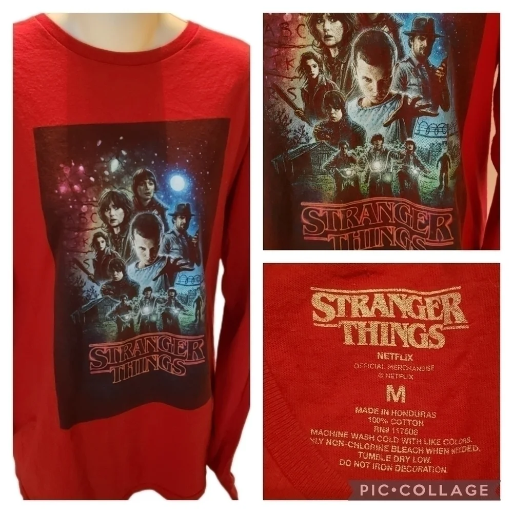 Stranger Things Tee T-Shirt M Medium Red 100% Cotton Long Sleeve